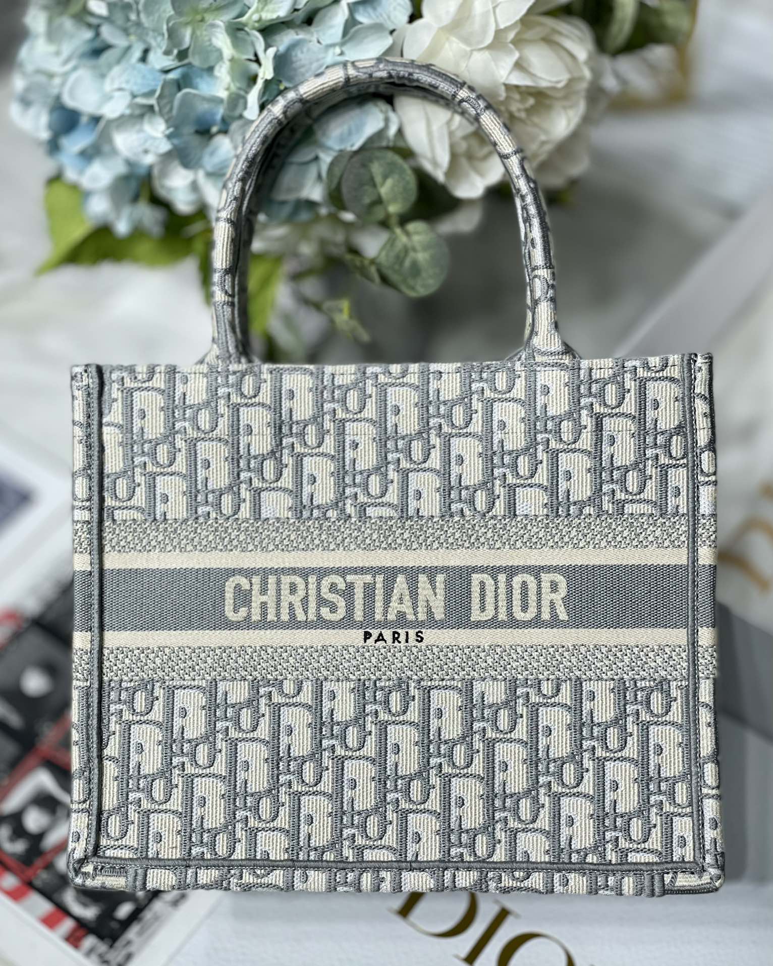 Small Dior Book Tote Bag Ecru and Gray Dior Oblique Embroidery